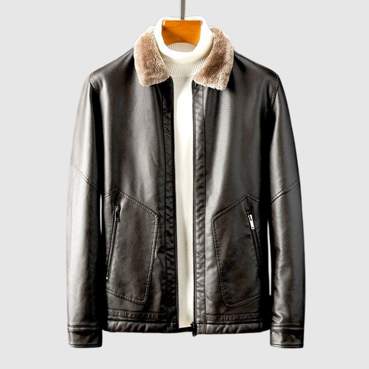 Søren – Ādas jaka ar mīkstu apkakli, kas izskatās pēc kažokādas