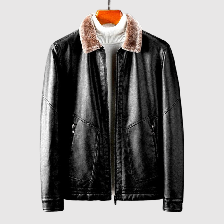 Søren – Ādas jaka ar mīkstu apkakli, kas izskatās pēc kažokādas