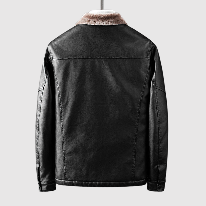 Søren – Ādas jaka ar mīkstu apkakli, kas izskatās pēc kažokādas