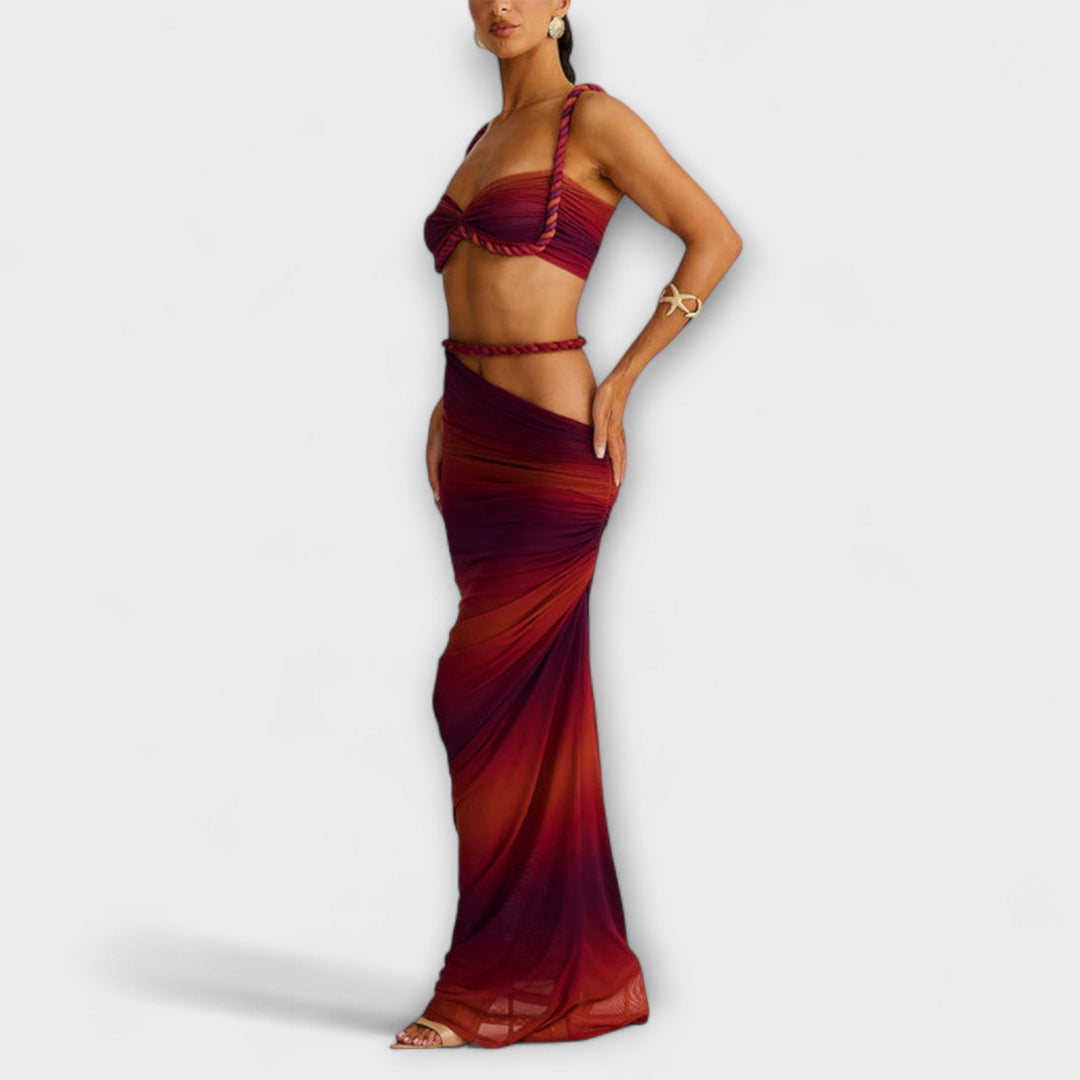 Džena - Stilīgs gradienta adīts crop top un svārku duets