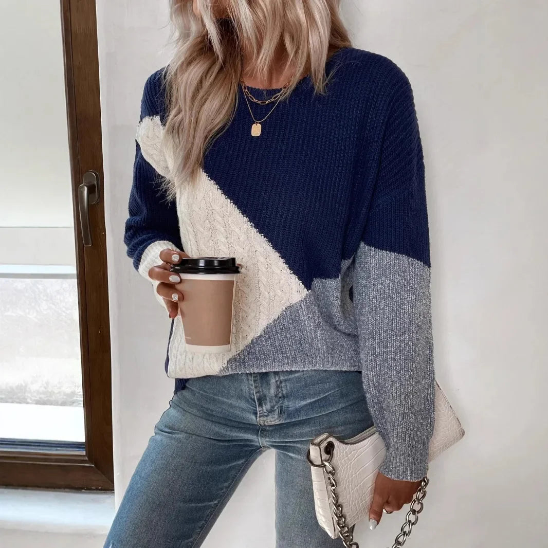 Krāsu Bloku Apaļo Kakla Adīts Džemperis