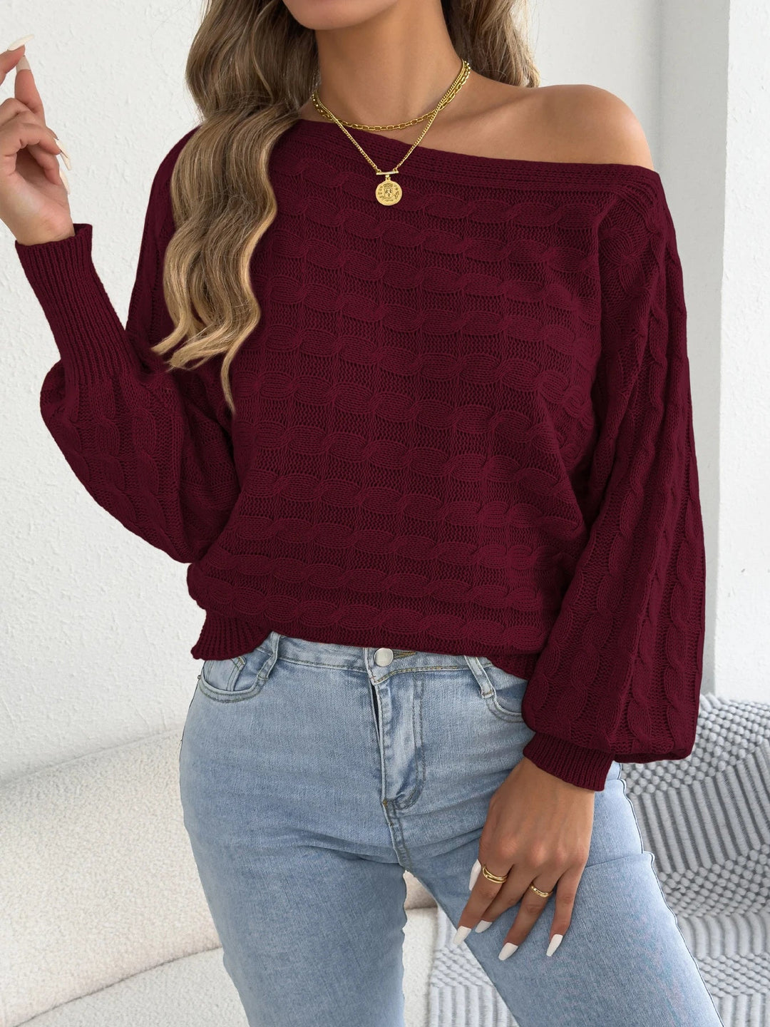 Apaļā kakla laternu piedurkņu džemperis