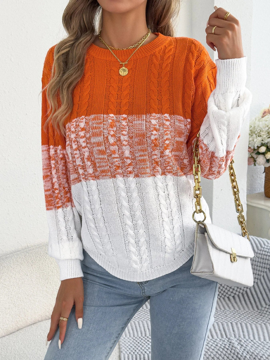 Krāsu Bloku Laternu Piedurkņu Adīts Džemperis