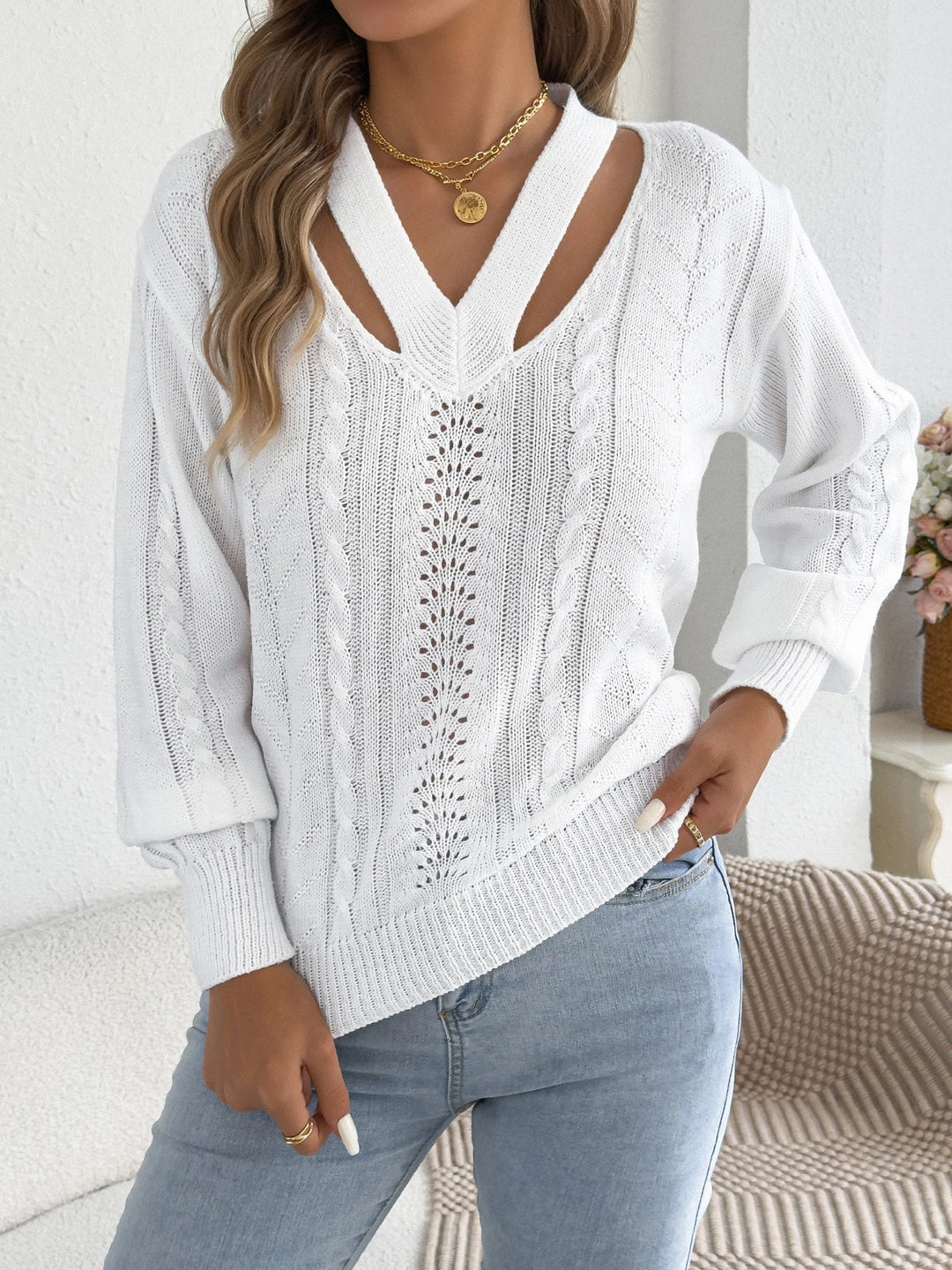 Izgriezts Vērpjot Laternu Piedurkņu Adīts Džemperis