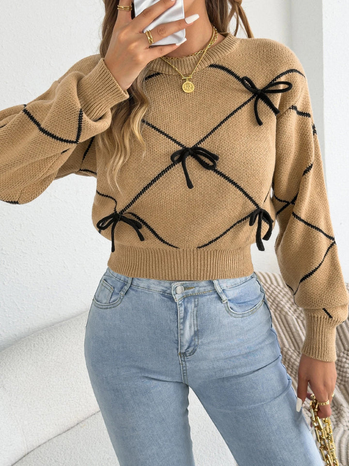 Kontrastējoša bultu adīta laternas piedurkņu džemperis