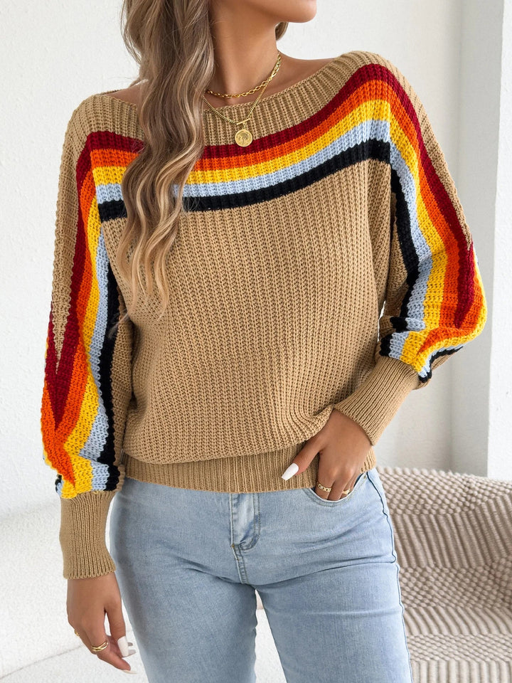 Kontrasta svītrainā laternas piedurkņu džemperis