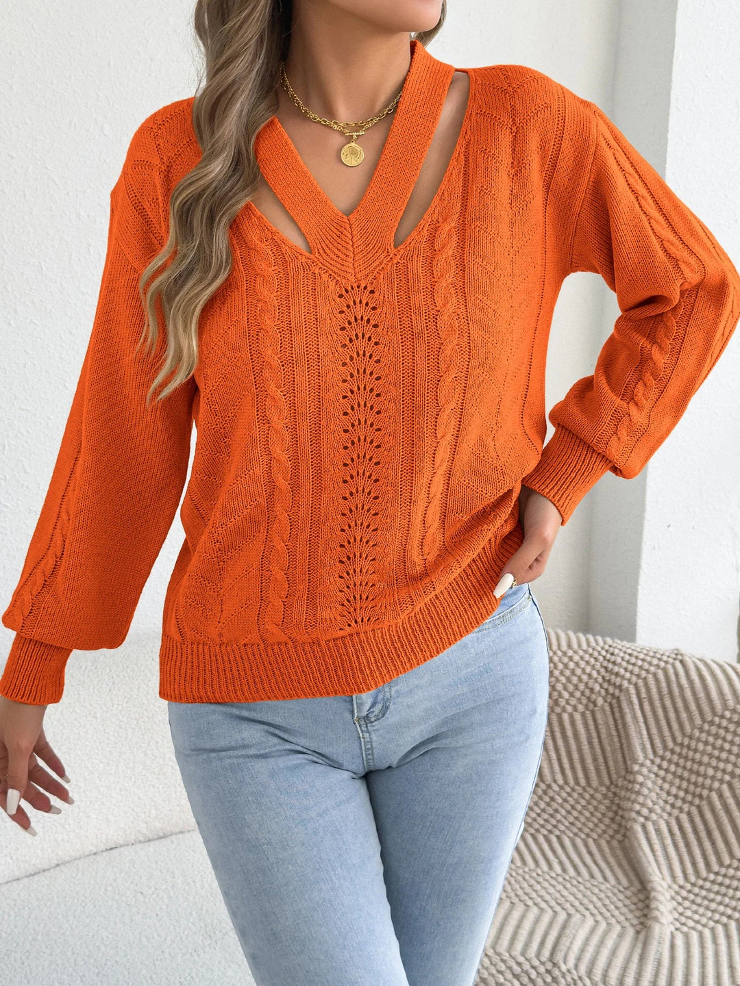 Izgriezts Vērpjot Laternu Piedurkņu Adīts Džemperis